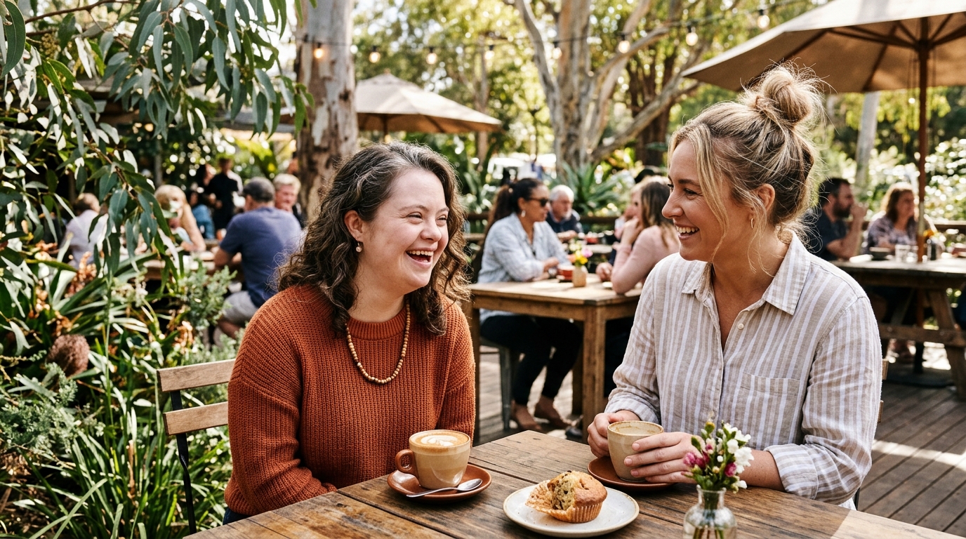 A smiling young adult participant having coffee and laughing at an Australian outdoor cafe surrounded by native gum trees
